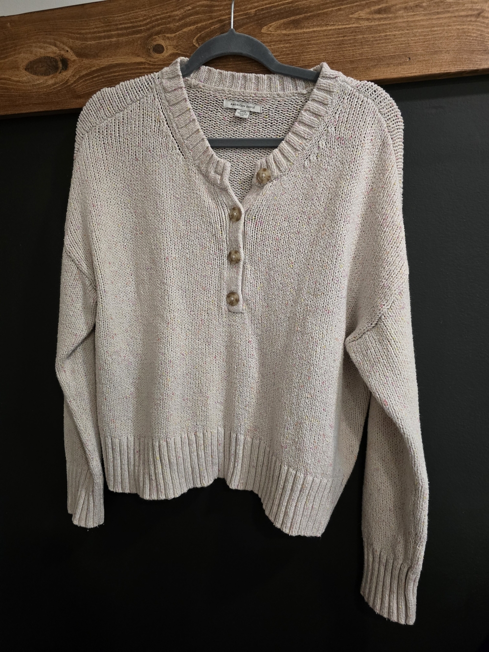 American Eagle Pink Speckled Henley Knit Sweater
